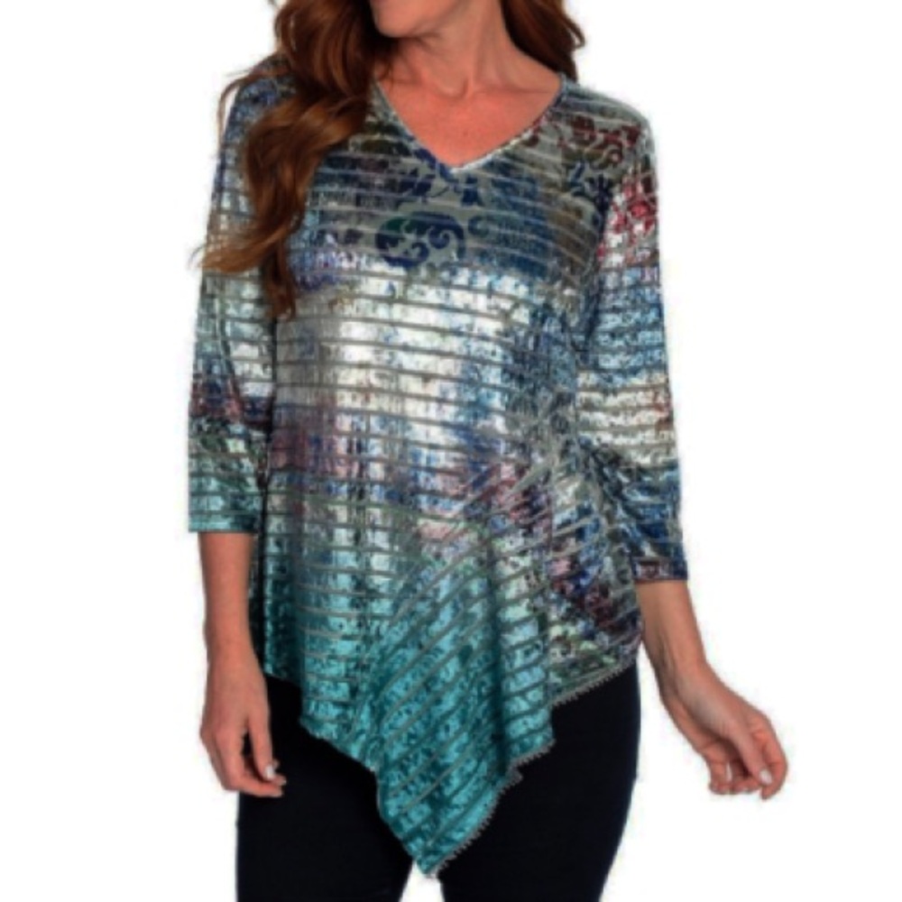 One World Womens 1X Multicolor Printed Velvet Knit Shadow Stripe Top Blouse Boho